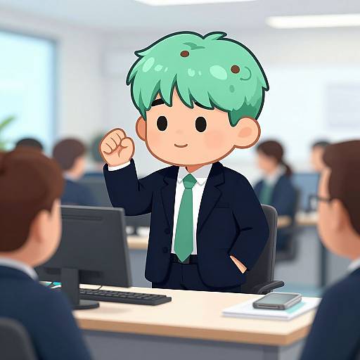 Cartoon-style digital drawing of a green-haired boy in a black suit and green tie, smiling confidently in an office setting.