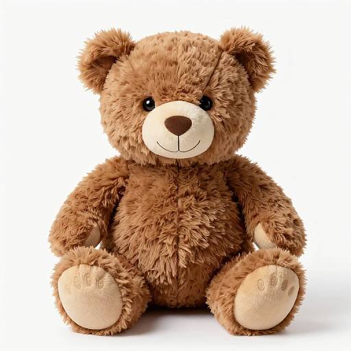 Photograph of a brown, plush teddy bear with black eyes, beige snout and paws, sitting against a white background.