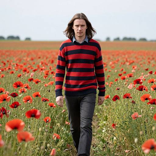 Man Walking Through Red Poppy Field
