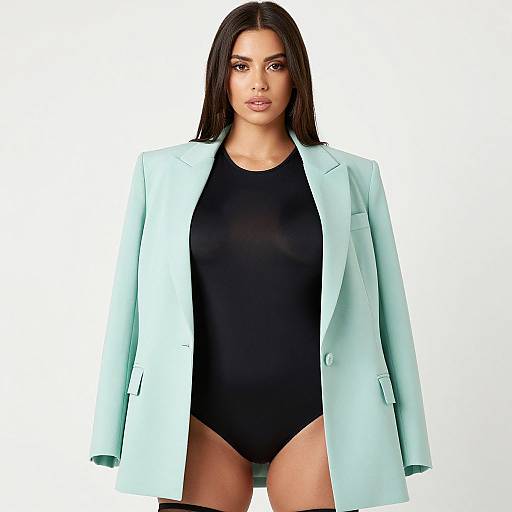 Photograph of a woman with straight black hair, wearing a light turquoise blazer over a black one-piece swimsuit, standing against a white background.