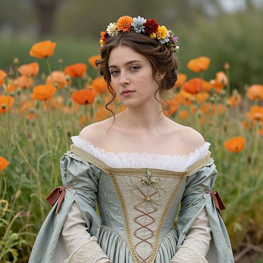 Photograph of a young woman with fair skin and curly brown hair, wearing a floral crown, off-the-shoulder Renaissance-style dress, and sitting
