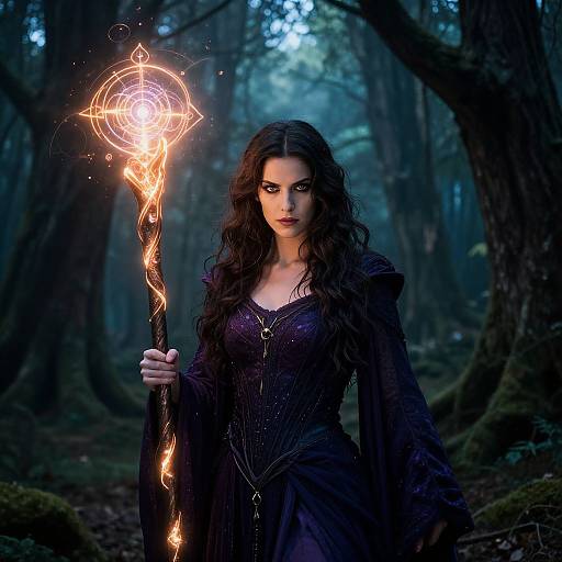 Photorealistic digital art: Dark-haired woman with glowing magical staff, wearing a dark, intricate dress, in a mystical, blue-lit forest.