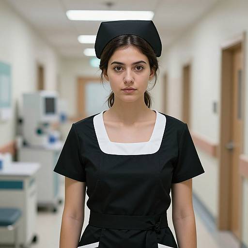Photograph of a young woman with dark hair, wearing a black nurse uniform with white square neckline and black cap, standing in a brightly lit, blurred