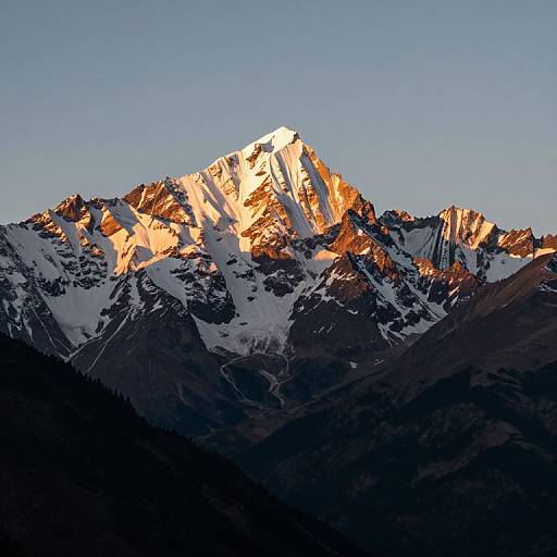 Photograph of a sunlit, snow-capped mountain peak with rugged, brown rocky edges, casting shadows against a clear blue sky.