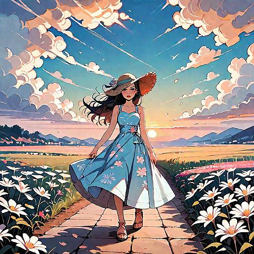 Digital illustration of a smiling woman in a blue floral dress and wide-brimmed hat, walking through a sunlit field of white daisies at