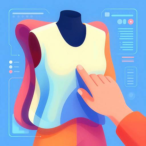 Digital illustration of a hand adjusting a sleeveless white dress on a black mannequin torso against a blue futuristic background.