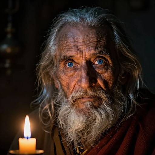 Photograph of an elderly man with long white hair and beard, intense blue eyes, lit by a single candle, dark background.