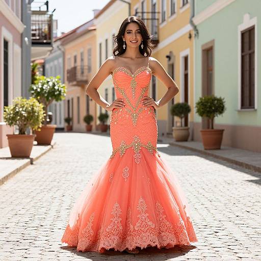 Photograph of a smiling woman with dark hair in a vibrant, coral-colored, lace-embellished, floor-length evening gown, standing on a