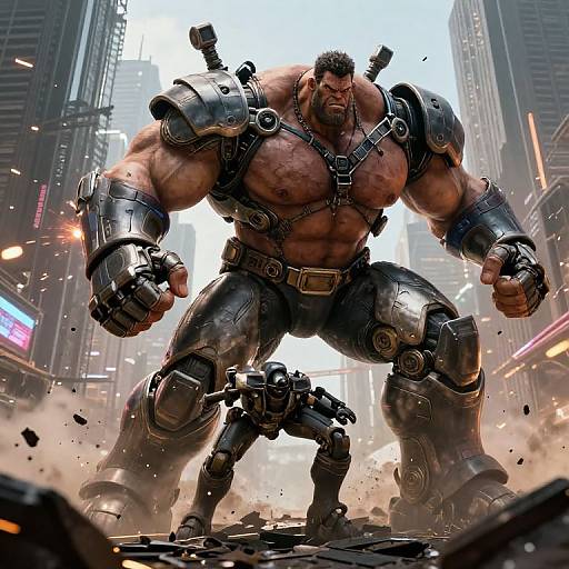 Digital artwork of a muscular, bearded man with cybernetic armor, standing in a futuristic cityscape, fists clenched, surrounded by debris.