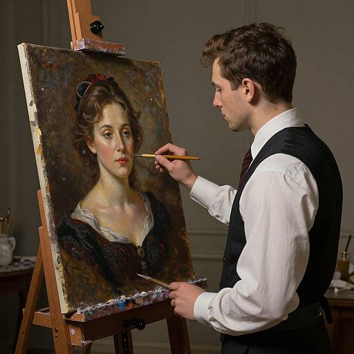 Photograph of a male artist painting a realistic portrait of a woman on an easel, wearing a white shirt and black vest.