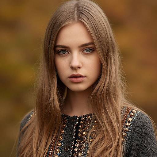 Photograph of a young woman with long, light brown hair, blue eyes, and fair skin, wearing a black, intricately embroidered top, set