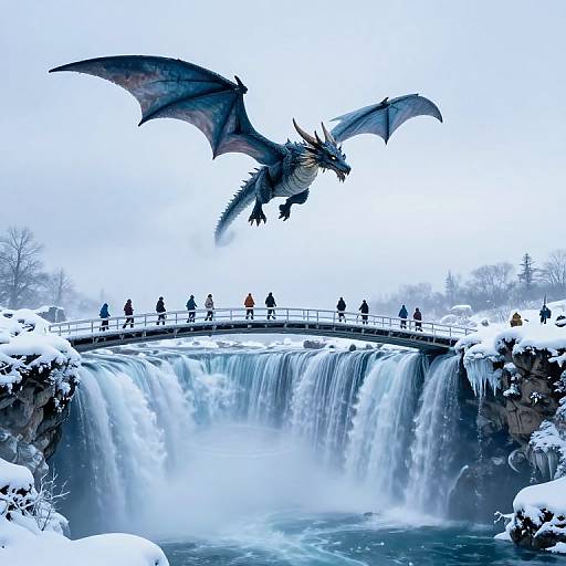 Digital artwork of a large dragon flying above a snowy, icy waterfall bridge with people standing on it, wearing winter clothes.
