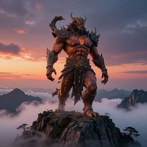 Digital art of a muscular, horned demon warrior with glowing orange runes, standing on a rocky peak at sunset, surrounded by clouds and mountains.