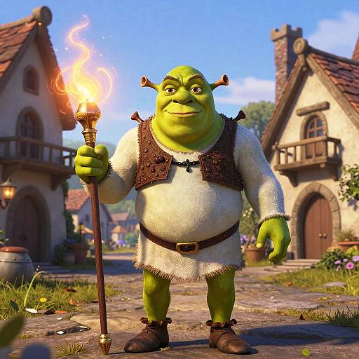 CGI image of a green, chubby orc with horns, wearing a white tunic and brown leather vest, holding a torch in a quaint, medieval