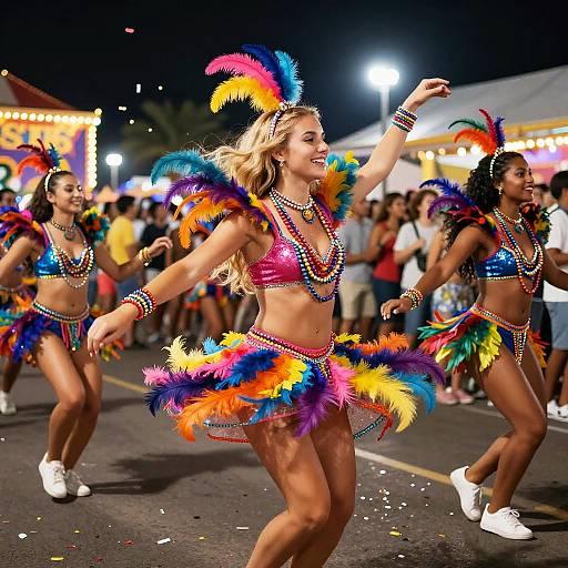 Photograph of three vibrant, muscular women dancing at night in colorful, feathered Carnival costumes, with a festive, brightly lit crowd in the background.