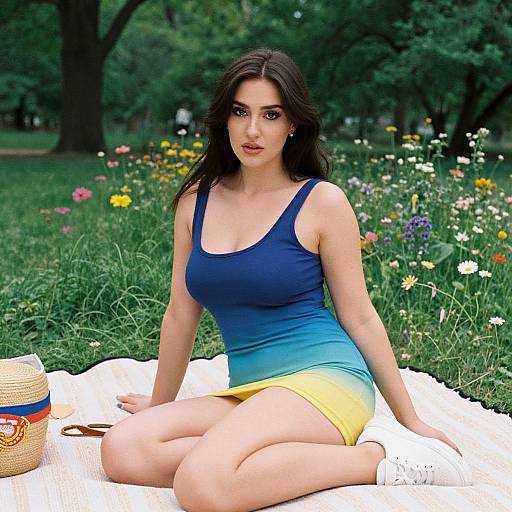 Photograph of a dark-haired woman in a blue-yellow gradient tank top and yellow shorts, sitting on a white blanket in a vibrant, flower-filled park