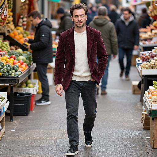 Photograph of a handsome man with dark hair and beard, wearing a burgundy velvet blazer, white sweater, black jeans, and black sneakers,