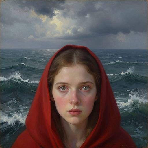 Digital painting of a young girl with fair skin, brown hair, and blue eyes, wearing a red hooded cloak, standing in a stormy ocean