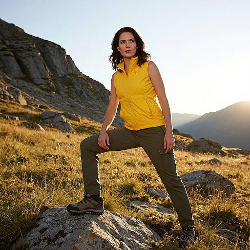 Photograph of a determined woman with shoulder-length dark hair, wearing a yellow sleeveless vest and olive pants, standing with one leg on a rock in