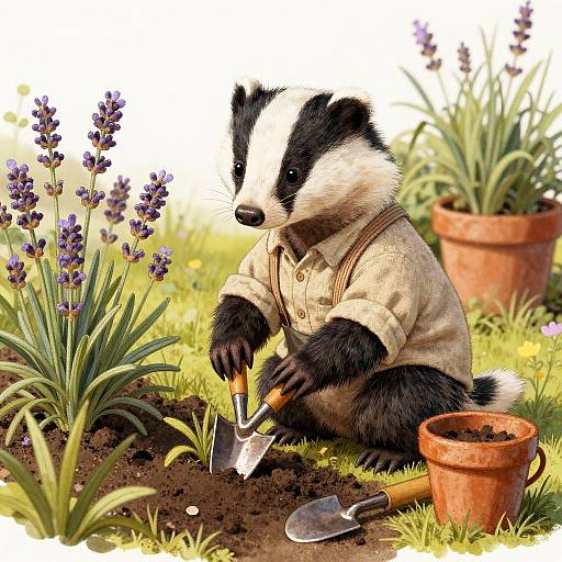 Digital illustration of a black and white badger in a beige shirt, tending a lavender garden with a trowel and small shovel. Potted