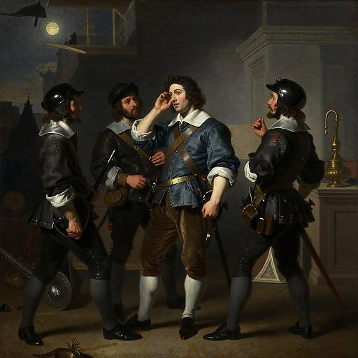 Baroque-style painting of three armored men in 17th-century attire, with one adjusting his wig, in a dimly lit room.