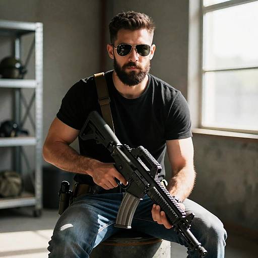 Man with Assault Rifle in Industrial Room