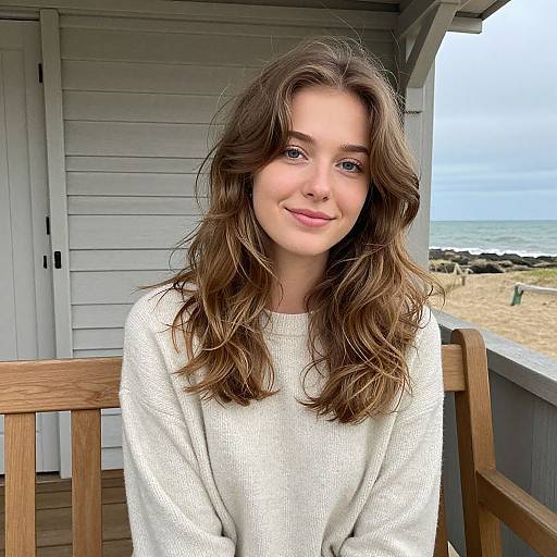 Photograph of a young woman with wavy brown hair, fair skin, and light pink lipstick, wearing a white knit sweater, sitting on a wooden