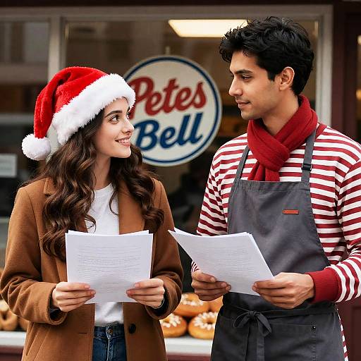 Man and Woman Holding Papers Outside Shop