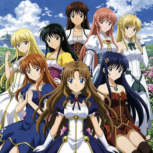 Anime-style digital illustration of eight girls with diverse hair colors and outfits, standing in a colorful field under a blue sky.