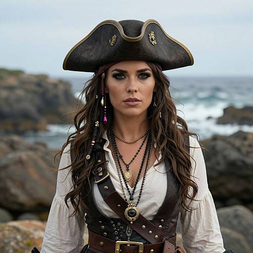 Confident Pirate Woman by Coastal Shore