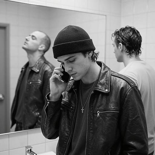 Three men in bathroom black and white