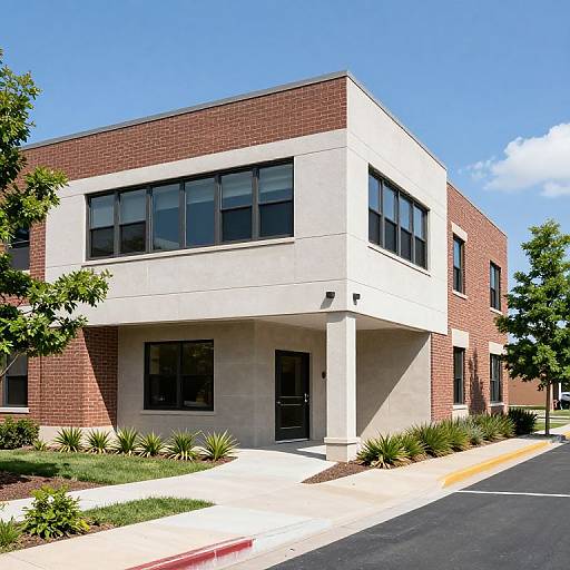Photograph of a modern two-story building with red brick and white concrete, black-framed windows, small plants, and a clear blue sky.