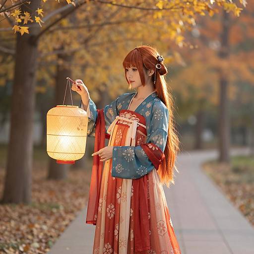 Young Woman in Traditional Chinese Dress Holding Lantern
