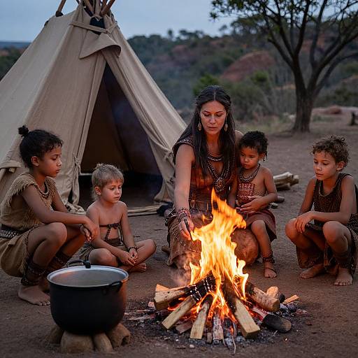 Photograph of a Native American family, including a woman with long black hair, four children with curly hair, around a campfire cooking in front of