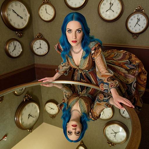 Photograph of a woman with vibrant blue hair, wearing a colorful, patterned dress, leaning over a mirror, surrounded by vintage clocks.