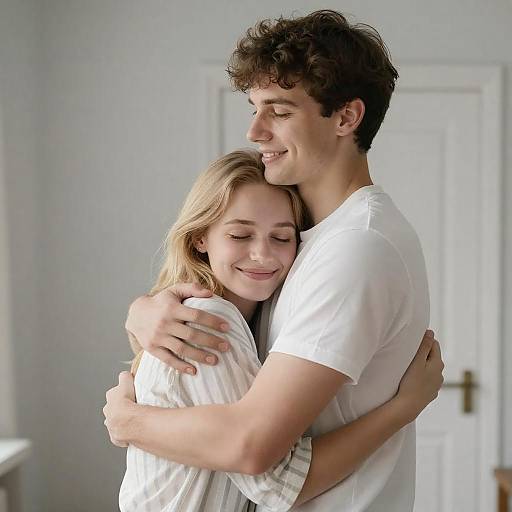 Young Couple Embracing in Bright Room