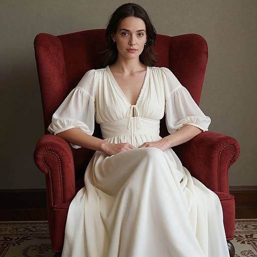 Photograph of a woman with fair skin and dark hair, sitting in a red velvet armchair, wearing a white, vintage-style dress with puffed