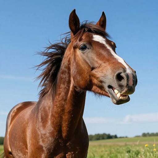 Photograph of a brown horse with a white stripe on its face, standing in a green field under a clear blue sky. Horse's mouth is slightly