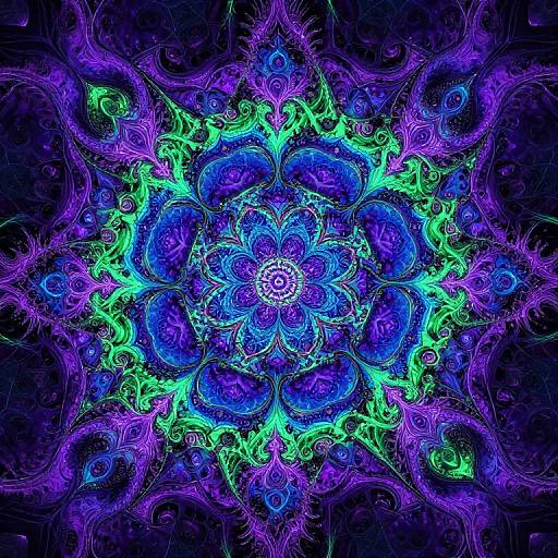 Vivid digital mandala with intricate, neon purple, blue, and green patterns radiating from a central white core against a dark background.