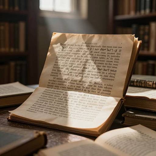 Photograph of an open, aged book with yellowed pages, illuminated by sunlight, resting on a wooden table in a dimly lit library.