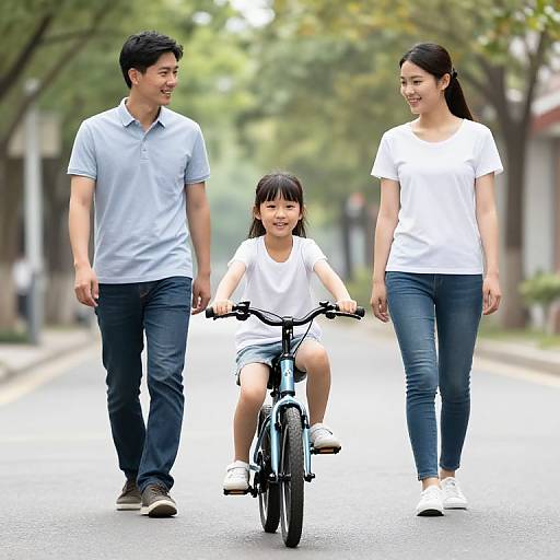 Photograph of an Asian family: father and mother in white shirts and blue jeans, smiling, walking beside their daughter riding a bicycle on a tree-lined