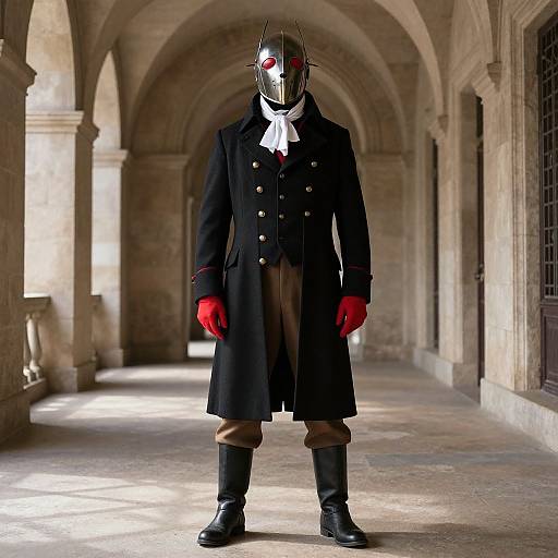 Photograph of a masked figure in a black coat, red gloves, tan pants, black boots, white necktie, standing in a sunlit,