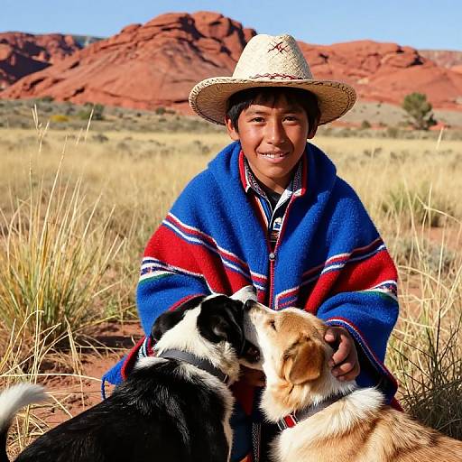 Photograph of a smiling young man in a traditional blue, red, and white striped sweater and straw hat, sitting in a desert field with two dogs