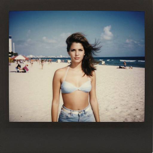 Photograph of a young woman with fair skin and dark brown hair, wearing a white bikini top and blue jeans, standing on a sunny beach with scattered
