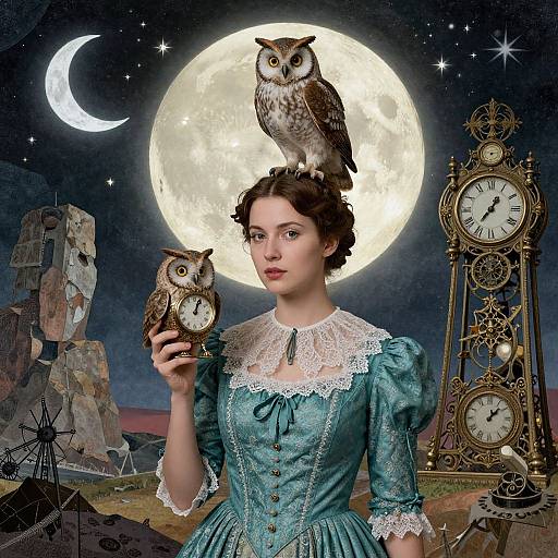 Victorian woman in blue dress with owl hairpiece, holding clock owl, under full moon, surrounded by clocks, windmill, and stone ruins.