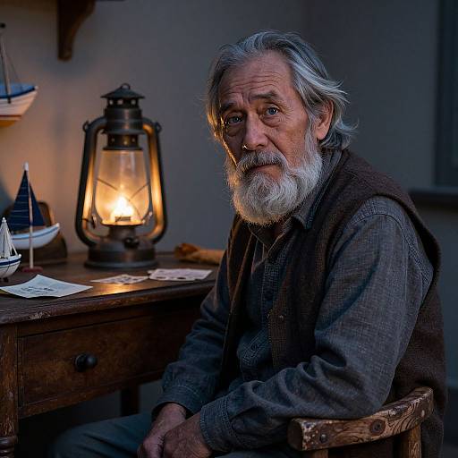 Photograph of an elderly man with gray hair and beard, wearing a brown vest, sitting by a warmly lit lantern on a wooden table.