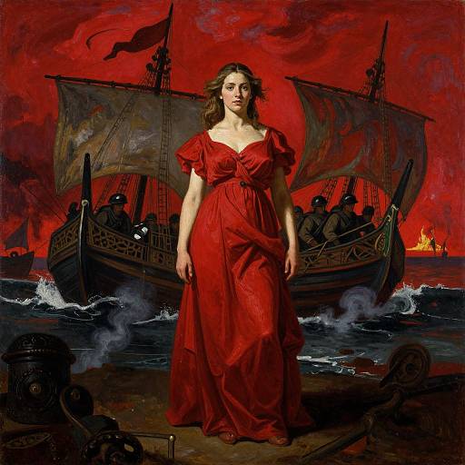 Digital painting: A woman in a red dress stands on a rocky shore, with a burning red sky and a ship with raised sails and armed sailors in