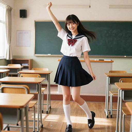 Photograph of a smiling Japanese schoolgirl in a white sailor uniform and navy skirt, standing in a sunlit classroom, raising her right arm. Des