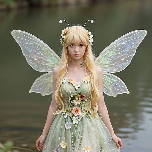 Photorealistic digital artwork of a blonde fairy with transparent wings, flower crown, and green dress adorned with flowers, standing by a serene lake.