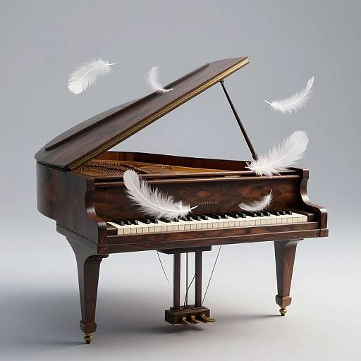 Photograph of a dark wooden grand piano with an open lid, surrounded by floating white feathers, against a light blue background.